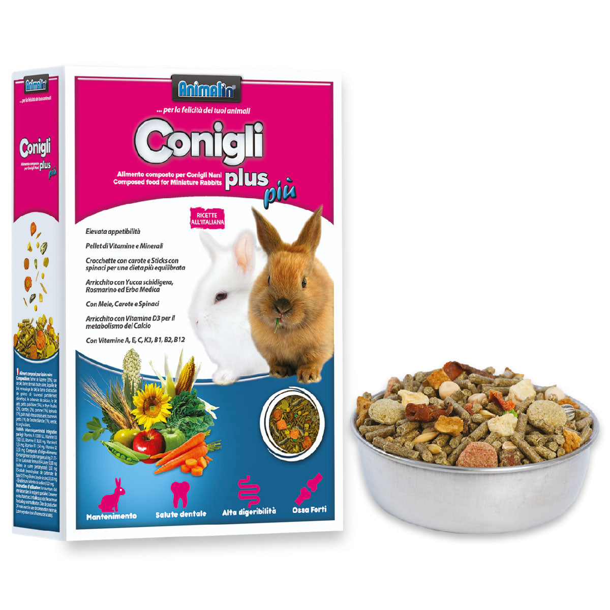 Mix Conigli Plus Più alimento composto per conigli nani 800 g con semi e crocchette di spinaci