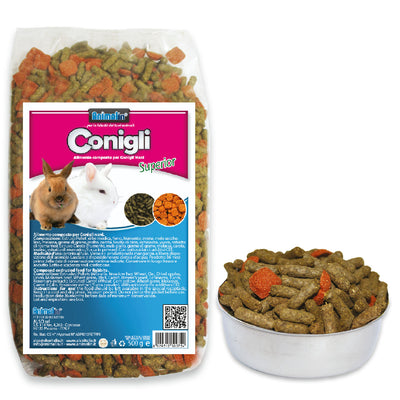 Mix Conigli Superior in estrusi pellet e carote, alimento completo per conigli nani, confezione da 500 g