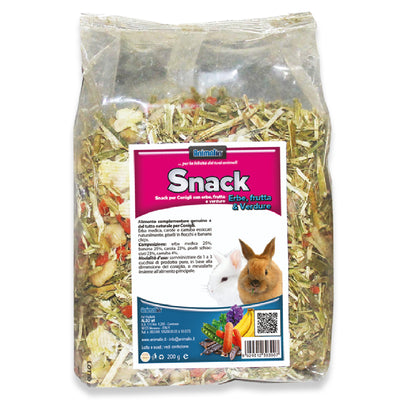 Snack erbe frutta e verdure per conigli, confezione 200 g con ingredienti naturali essiccati