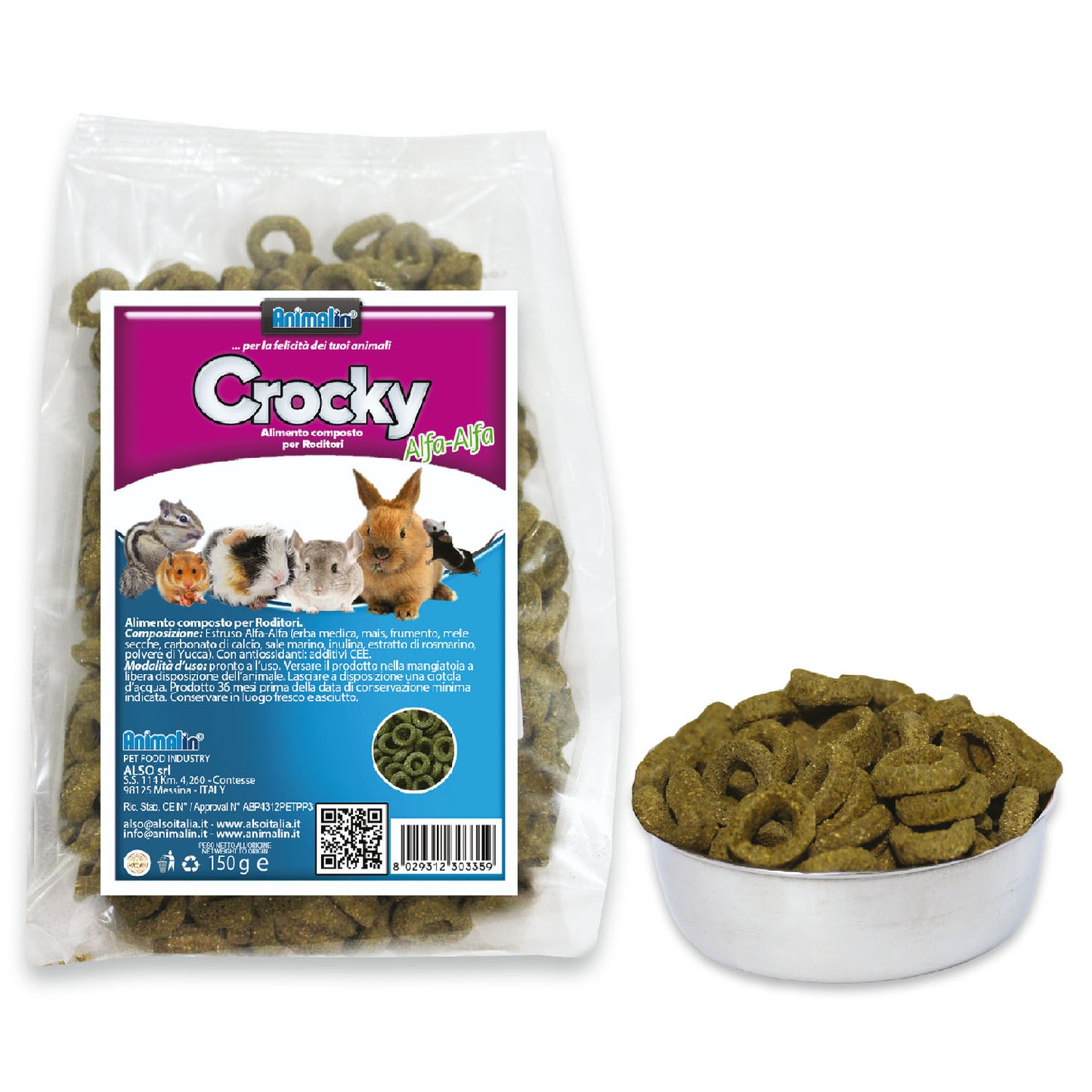 Mix Crocky Alfa-Alfa per roditori in estruso, 150 g, alimento completo con fibre