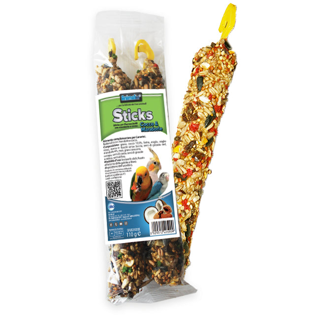 Bastoncini sticks per parrocchetti con cocco e mandorle, confezione 110 g con gancio di sospensione