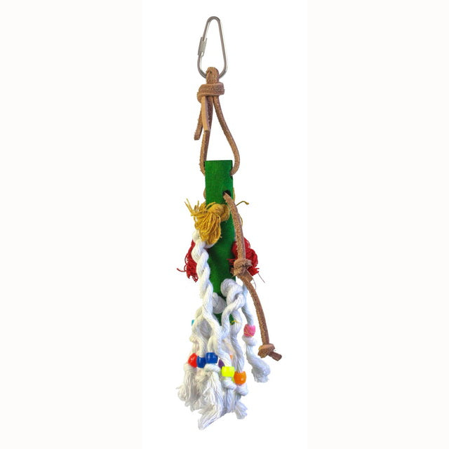 Gioco bird in legno, corda e cuoio con perline colorate, 6 x 30 cm, per uccelli piccoli e medi