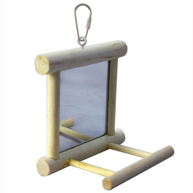 Specchio con cornice in legno naturale per uccelli, 10x10x7 cm, gioco interattivo