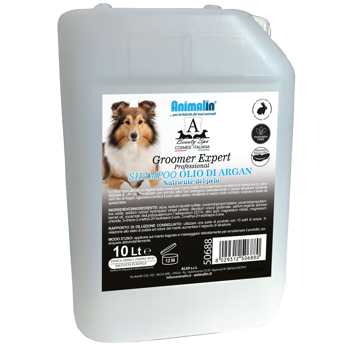 Tanica da 10 litri di shampoo professionale all'olio di argan per cani e gatti con manto secco