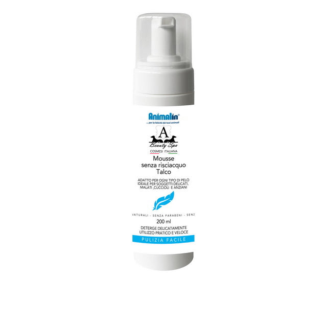 Mousse detergente senza risciacquo Animalin Beauty Spa per cani, flacone da 200 ml con talco