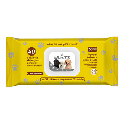 Salviette detergenti con olio di Neem e citronella per cani e gatti, confezione da 40 pezzi formato 30x20 cm