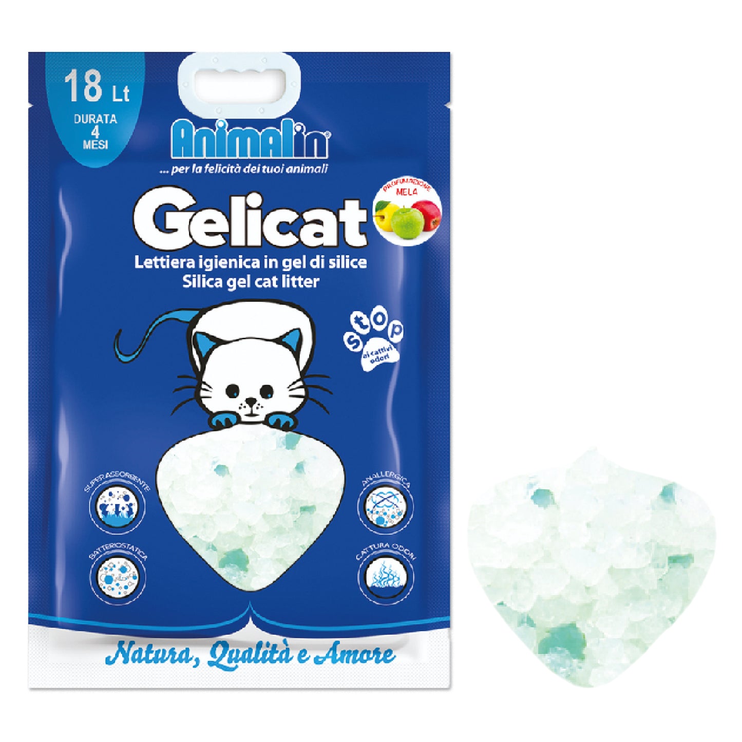 Lettiera per gatti al silicio GELICAT anallergica e antibatterica, formato 18 L da 7,5 kg con profumazione mela