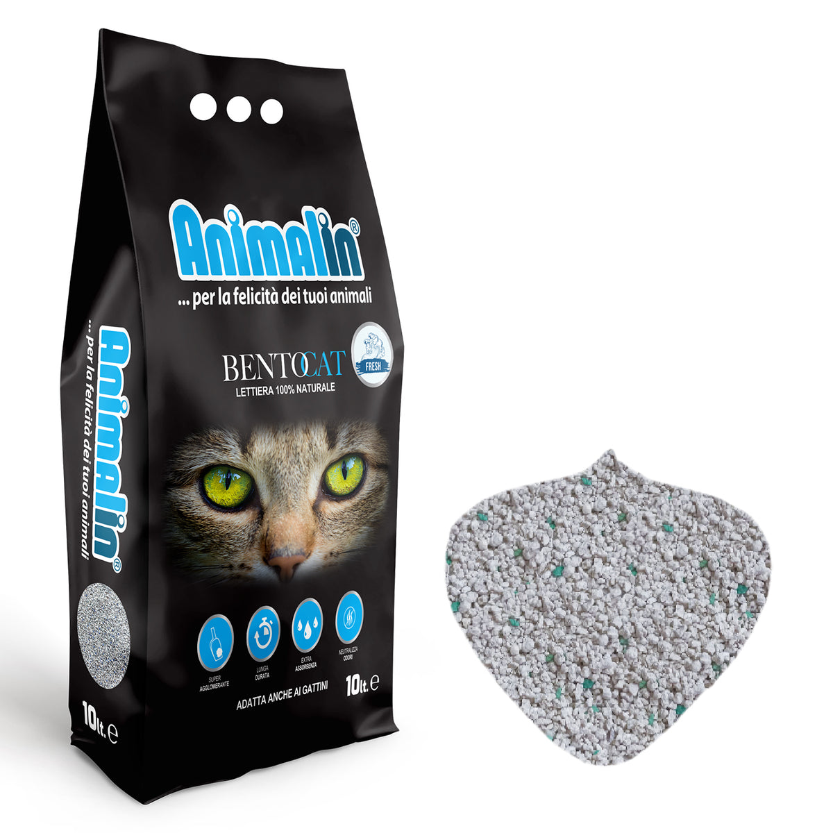 Lettiera bentonite Bentocat Fresh per gatti, 10 litri, bianco con granuli colorati