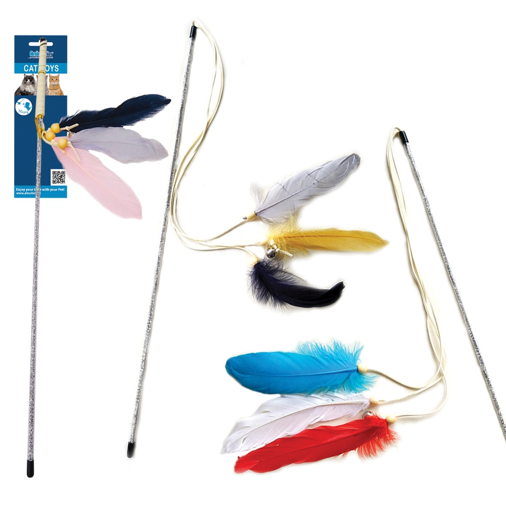 Gioco canna con piume mix color per gatti, lunghezza 50 cm, stimola istinto predatorio