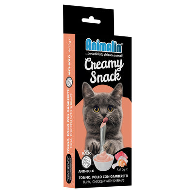 Snack cremoso per gatti tonno pollo gamberetti anti-hairball, 4 bustine da 15 g