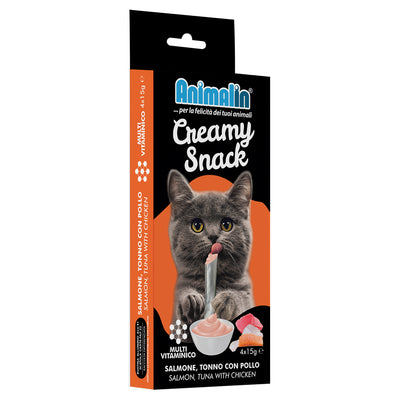Snack cremoso per gatti Animalin creamy salmone tonno pollo multivitaminico 4 bustine 15 g