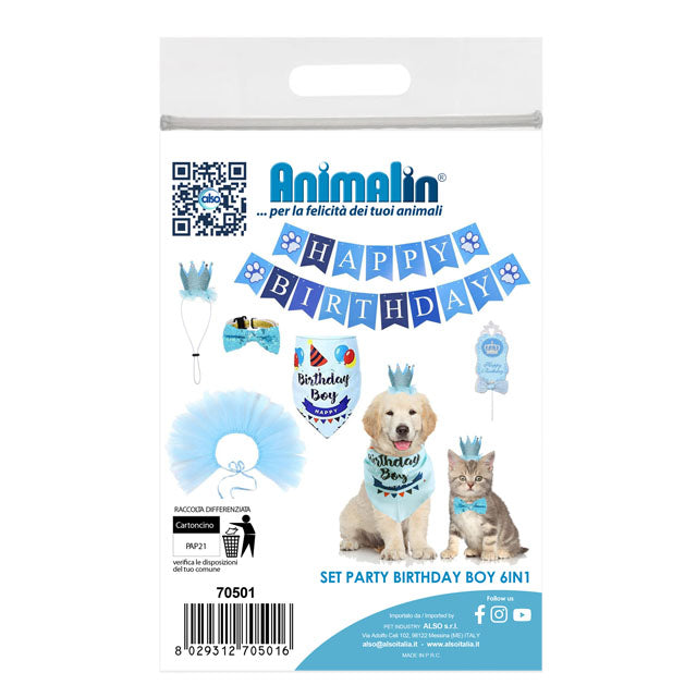 Set party compleanno boy con 6 bandane colorate per cani e gatti
