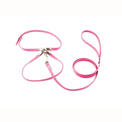Parure pettorina e guinzaglio Modello Positano in pelle nappa fuxia, 10 mm × 400 cm, Made in Italy