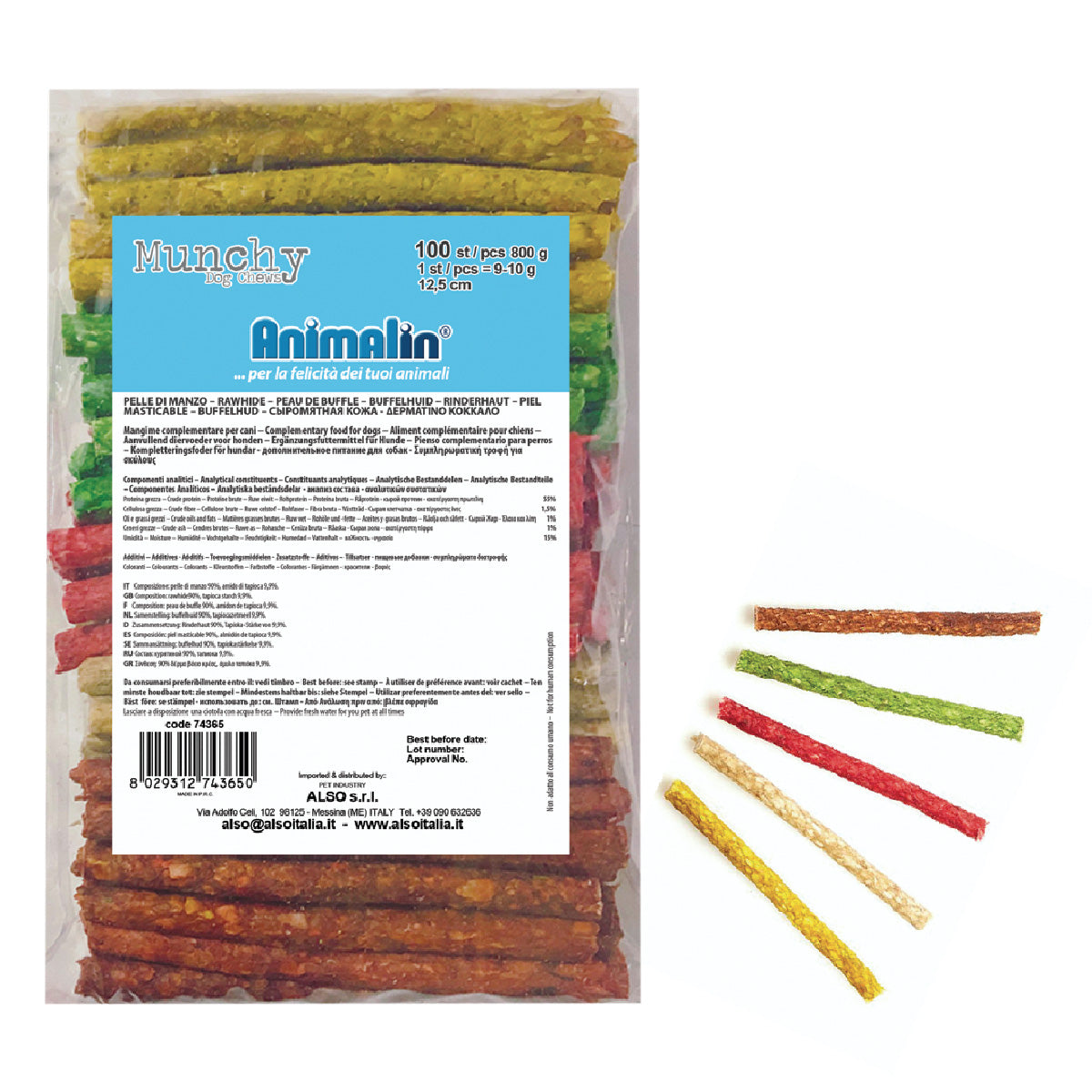 Osso Munchy Stick Mix per cani masticabile, 100 pezzi, lunghezza 12,5 cm diametro 9-10 mm