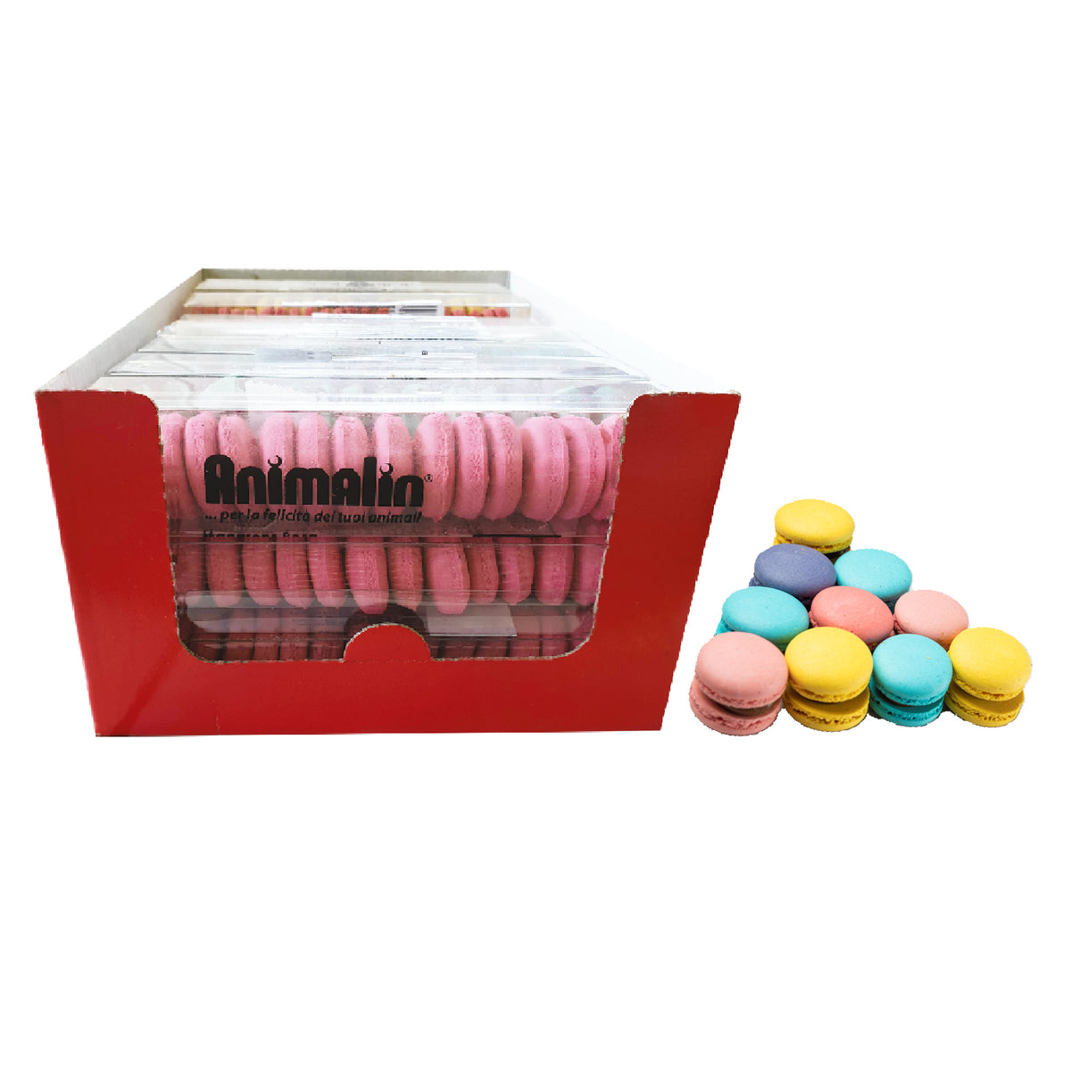 Biscotti macarons per cani al gusto vaniglia, confezione display da 50 g