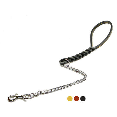 Guinzaglio doppia treccia in cuoio con catena integrata per cani, 60 cm, colori naturale marrone nero