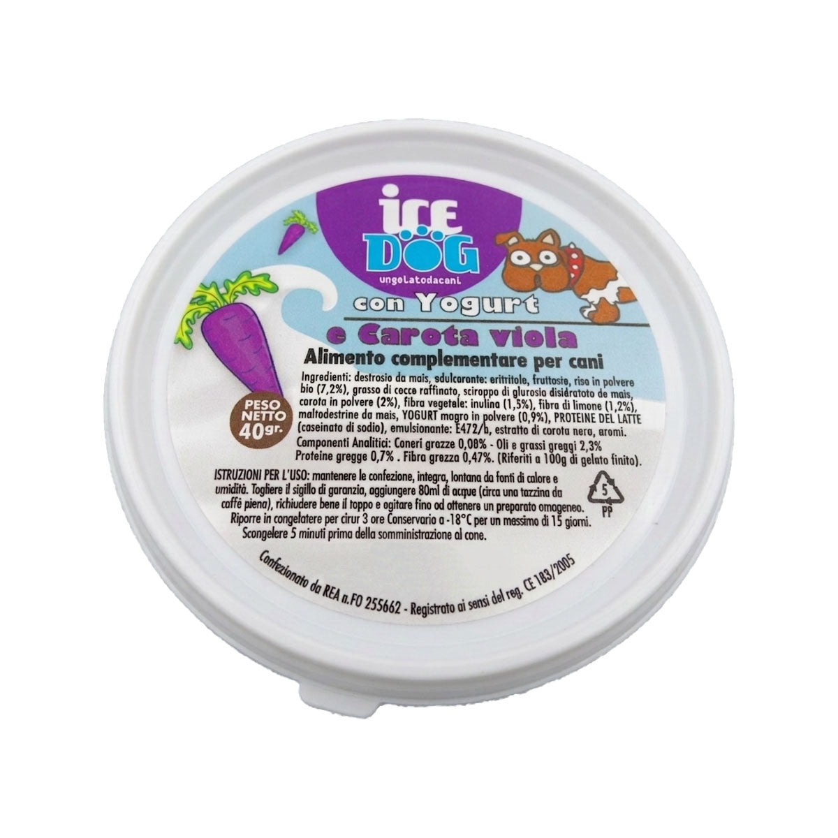 Gelato per cani al yogurt e carota viola, semilavorato da congelare, confezione da 40 g