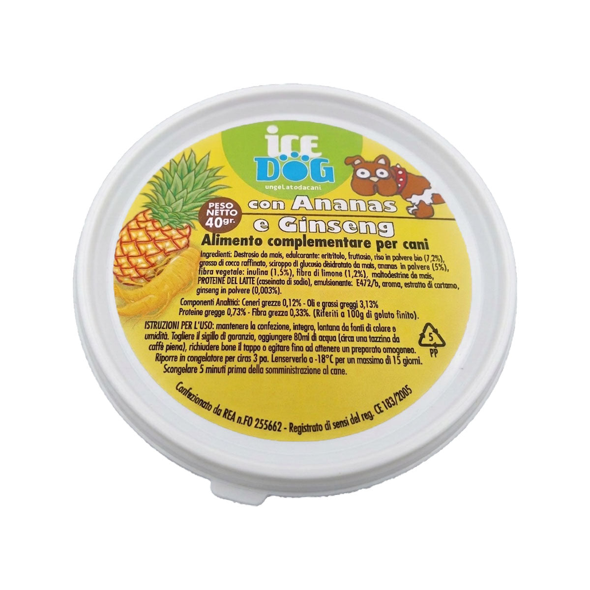 Gelato per cani al gusto ananas e ginseng, semilavorato da congelare in coppetta da 40 g