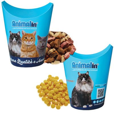 Dispenser eco porta snack gatto in plastica sostenibile con meccanismo di erogazione controllata