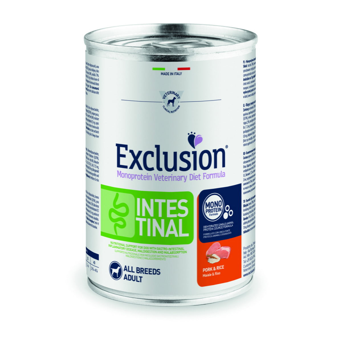 Mangime umido dietetico Exclusion per cani adulti con formula intestinal monopro a base di maiale, 400 g