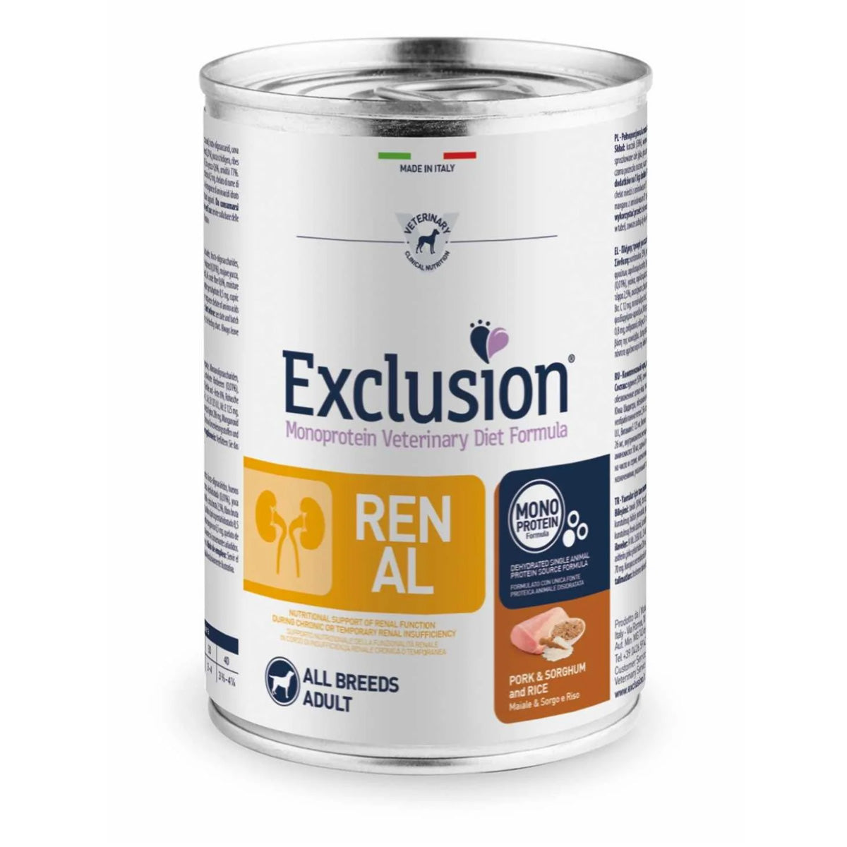 Mangime umido monoproteico Exclusion Renal per cani adulti, lattina 400 g con supporto renale