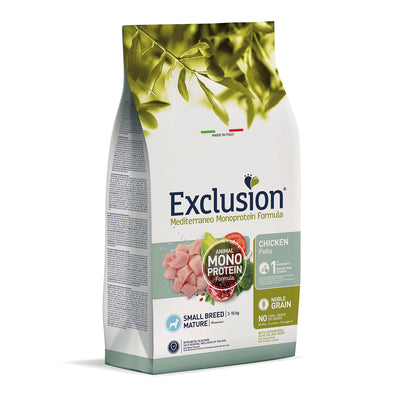 Exclusion Mediterraneo Noble Grain Mature Small Pollo – Alimento completo monoproteico per cani maturi di piccola taglia con pollo, Superfood mediterr