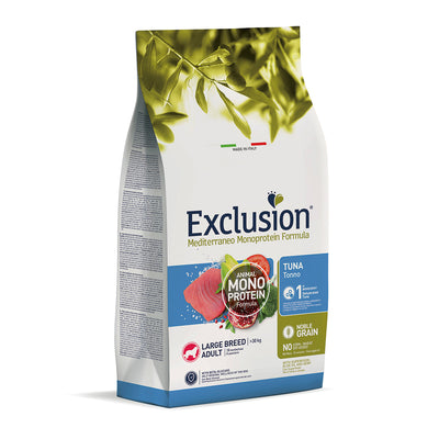Mangime secco Exclusion Mediterraneo per cani adulti grandi al tonno, sacco da 12 kg con crocchette grain