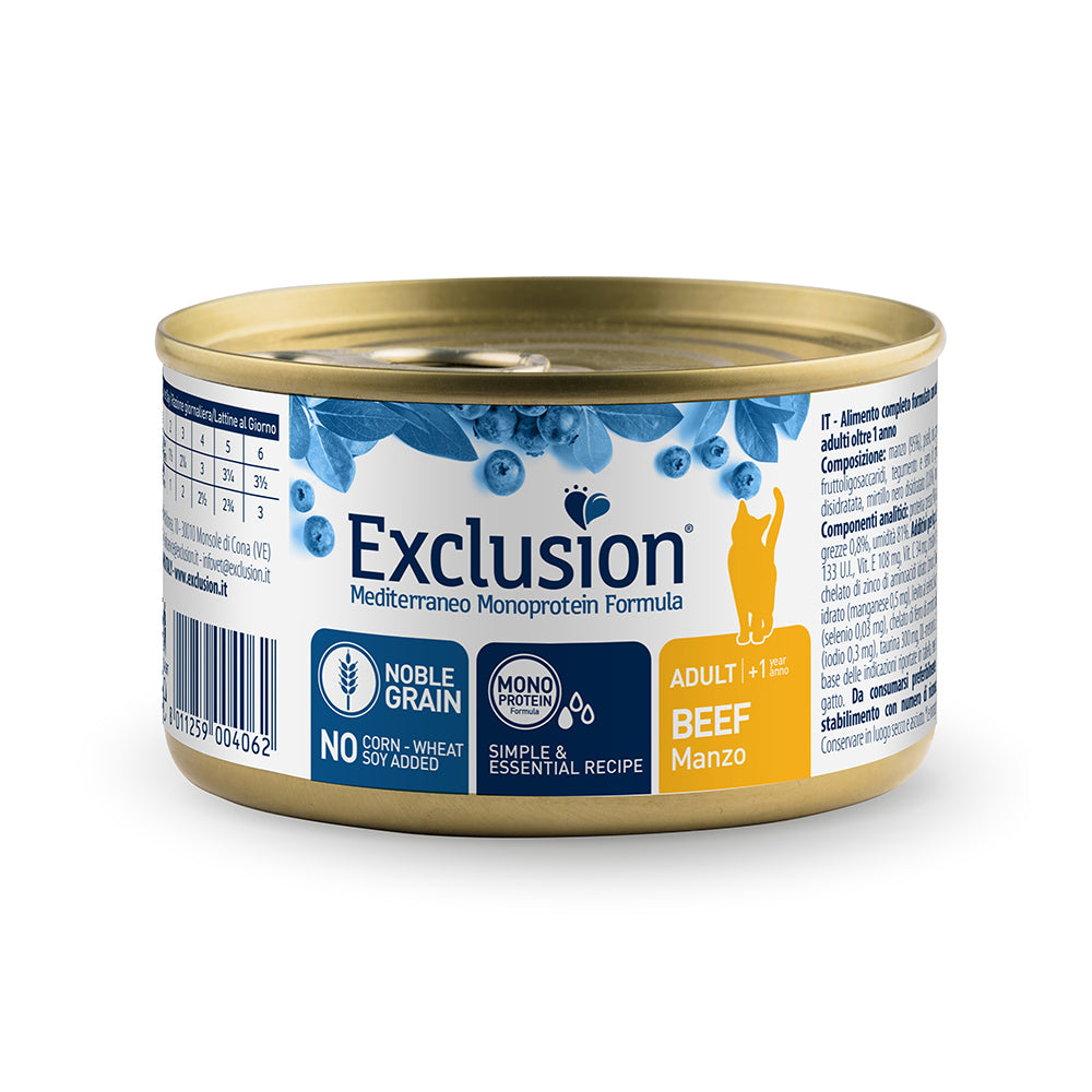 Exclusion Gatto Adulto Umido Manzo Monoproteico – Mediterraneo Noble Grain con manzo, Superfood