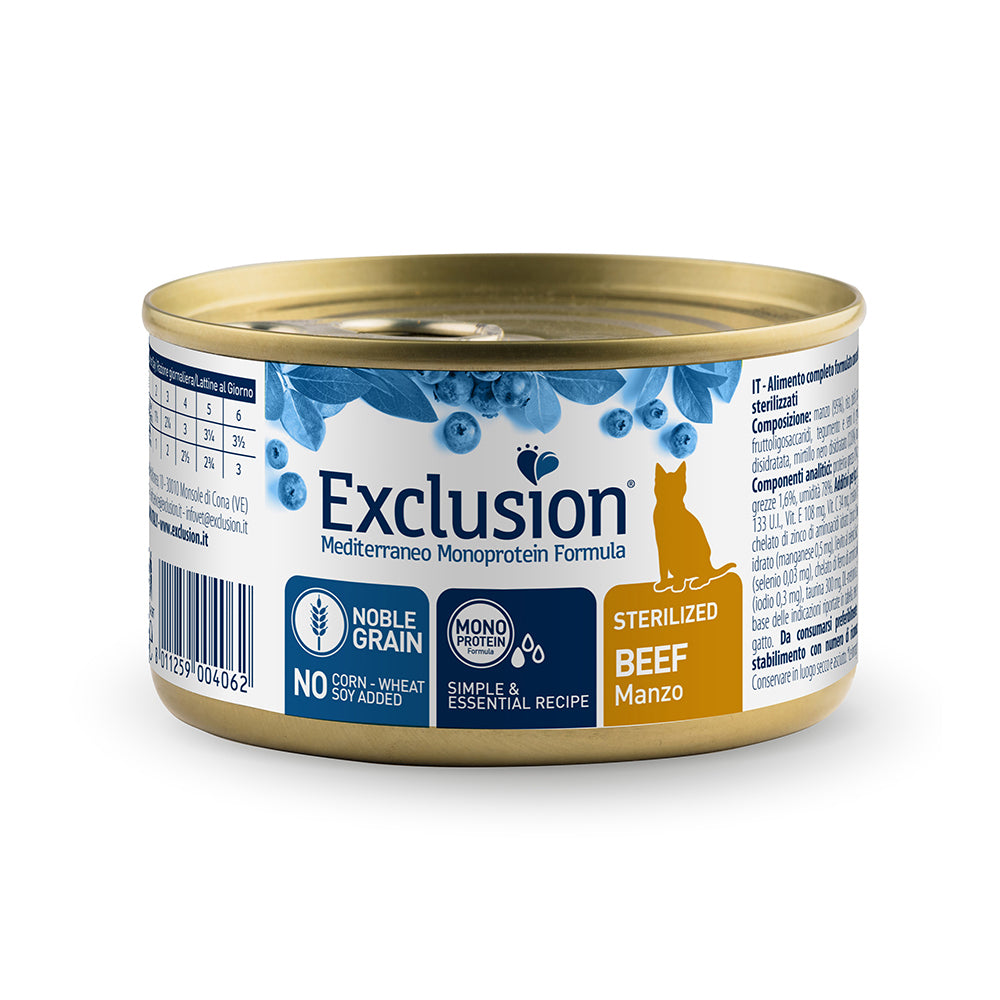 Exclusion Mediterraneo Noble Grain Sterilized Manzo – Alimento completo monoproteico per gatti sterilizzati con manzo