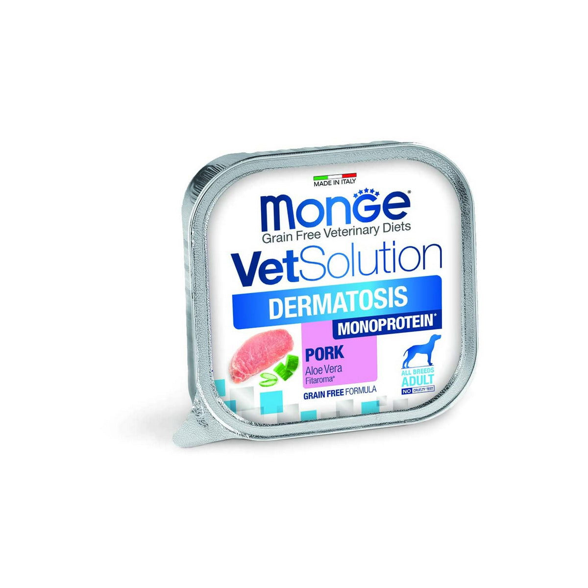 Mangime umido Monge Vet Dermatosis per cani, lattina 150 g con supporto dermatologico