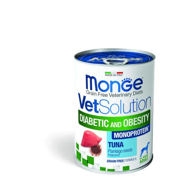 Mangime umido Monge Vet per cani diabetici e obesi, lattina 400g con tonno monoprotein