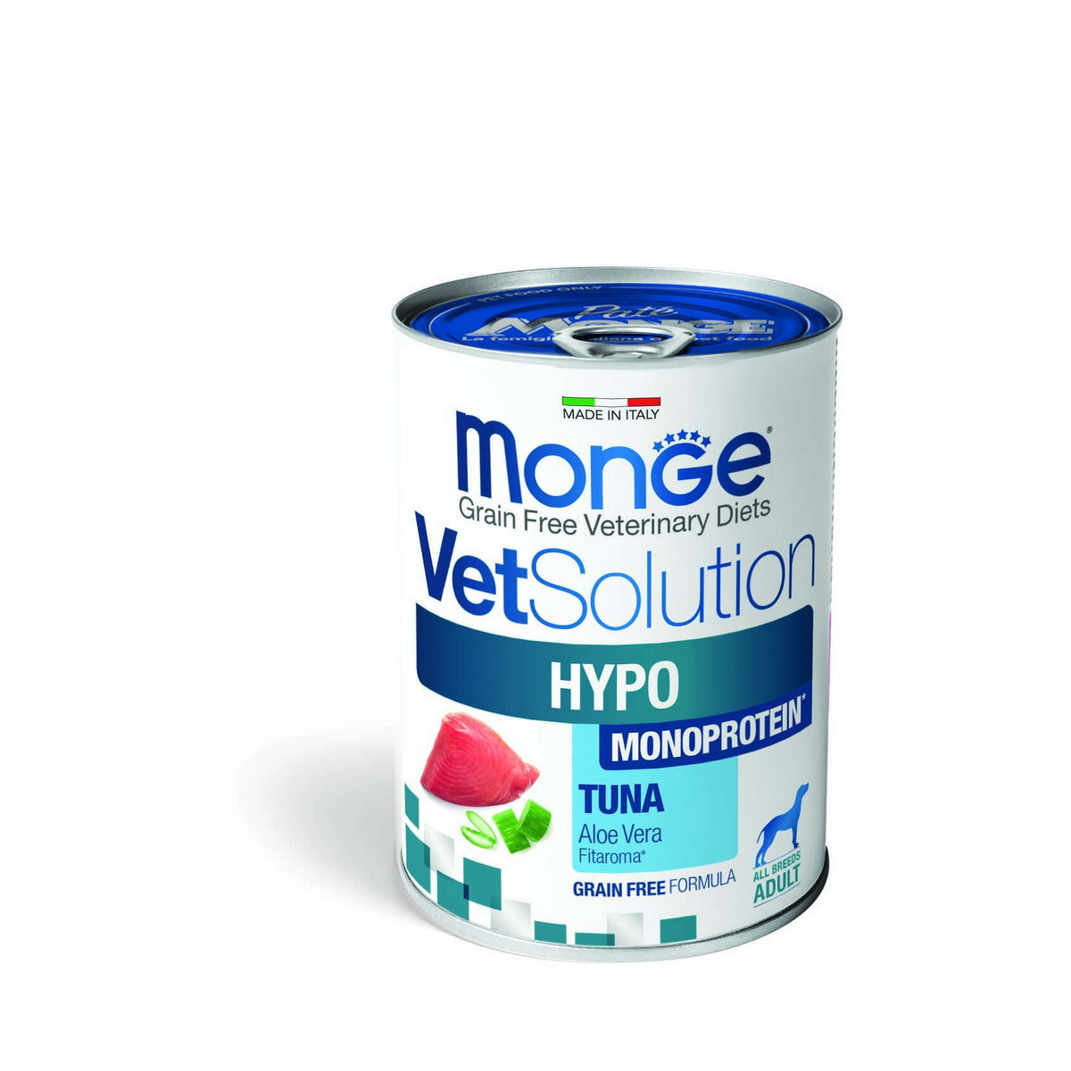 Mangime umido monoprotein tonno Monge Vet Hypo per cani adulti, lattina 400g