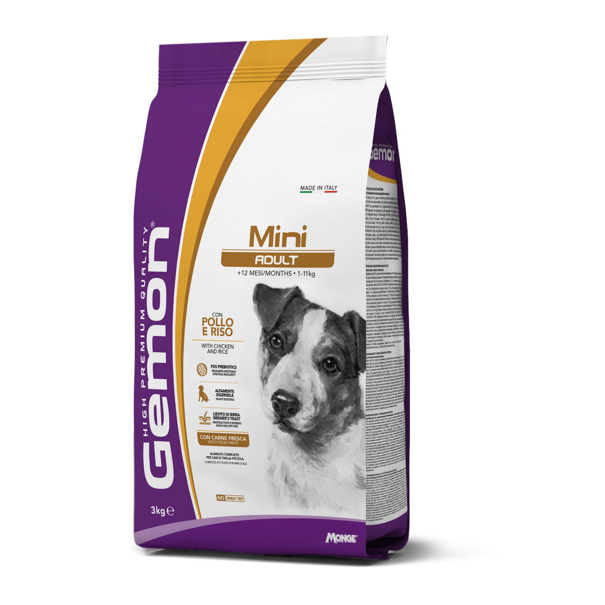 Mangime secco GEMON Mini Adult con pollo e riso per cani adulti di taglia mini, confezione da 3 kg