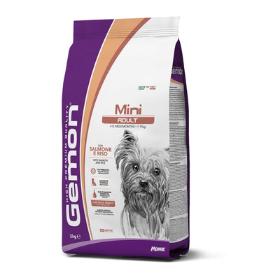 Mangime secco GEMON Mini Adult con salmone e riso per cani adulti di taglia mini, confezione 3 kg