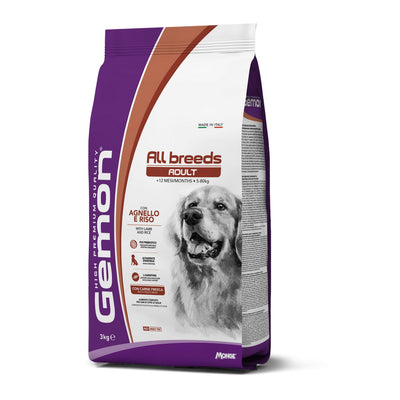 Mangime secco GEMON All Breeds Adult per cani con agnello e riso, confezione da 3 kg
