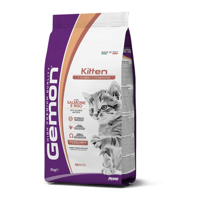 Mangime secco GEMON Kitten con salmone e riso per gattini in accrescimento, confezione da 2 kg