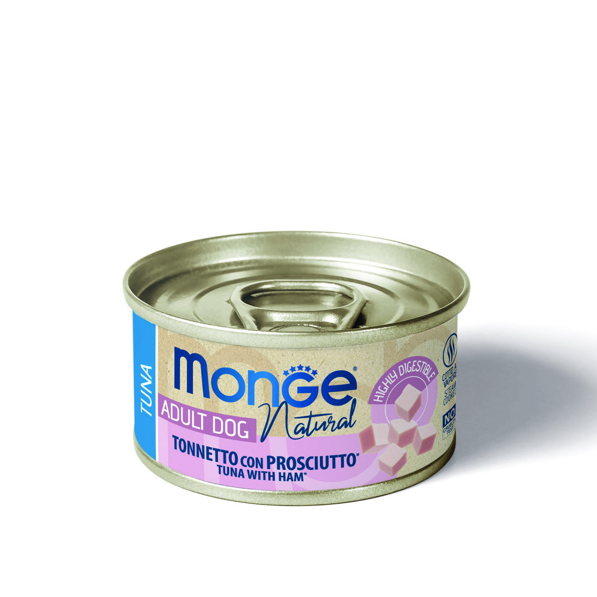 Lattina di alimento umido Monge Natural Dog tonnetto con prosciutto per cani adulti, 95 g