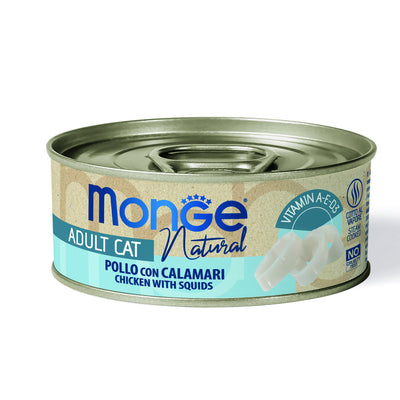 Mangime umido Monge Natural per gatti adulti, lattina 80 g pollo con calamari