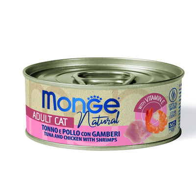 Lattina 80g mangime umido Monge Natural Cat Adult tonno pollo gamberi per gatti