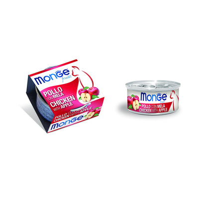 Snack per gatti Monge Fruits pollo e mela in lattina 80g con pezzetti di pollo