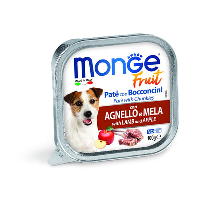 Paté e bocconcini Monge Fruit per cani con agnello e mela, vaschetta 100 g
