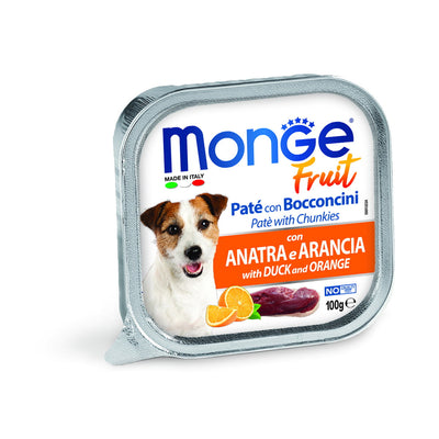 Paté e bocconcini Monge Fruit per cani con anatra e arancia, vaschetta 100 g