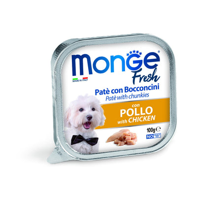 Paté con bocconcini di pollo Monge Fresh per cane in vaschetta da 100 g