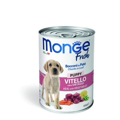 Mangime in paté Monge Fresh per cani cuccioli con vitello e ortaggi, confezione 400 g