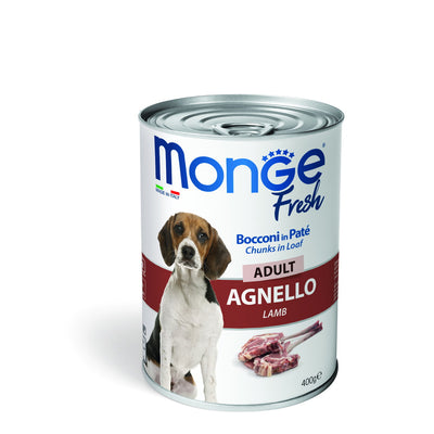 Mangime umido Monge Fresh per cani adulti con agnello in paté, lattina 400 g