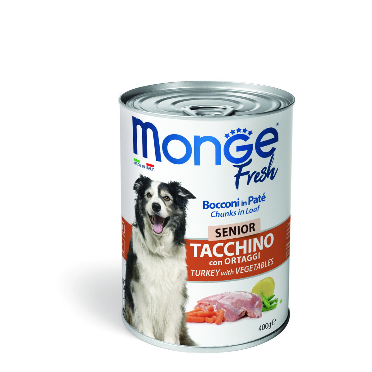 Mangime umido Monge Fresh Senior per cani in bocconi di paté con tacchino e ortaggi, 400 g