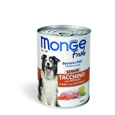 Mangime umido Monge Fresh Senior per cani in bocconi di paté con tacchino e ortaggi, 400 g