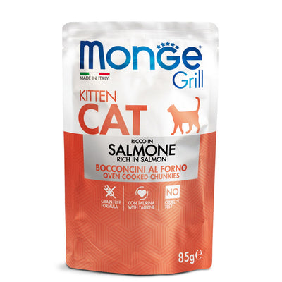 Alimento completo per gattini Monge Grill Cat in bocconcini di gelatina con salmone, 85 g
