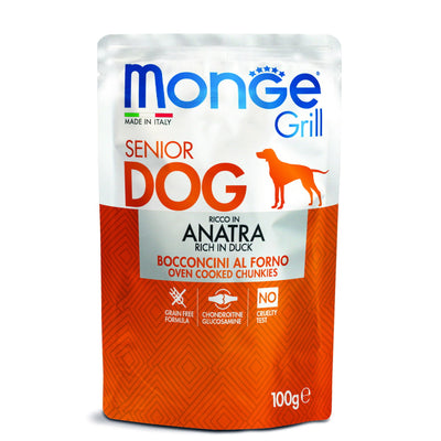 Mangime umido Monge Grill per cani senior in bocconcini d'anatra, confezione 100 g