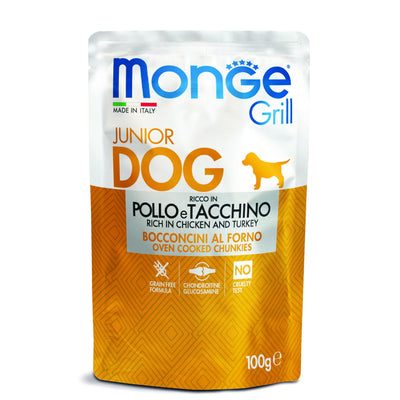 Bocconcini Grill Dog per cuccioli e junior in pollo e tacchino, busta da 100 g